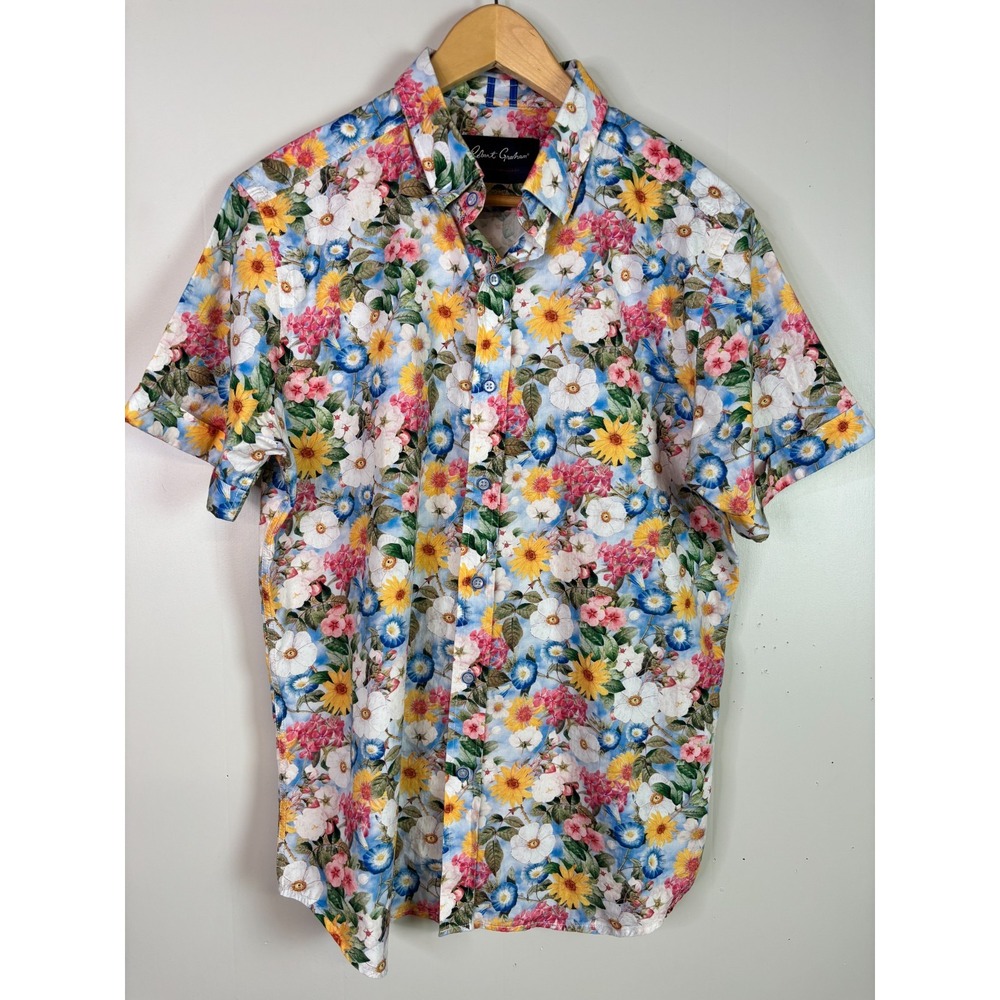 Robert Graham Taton Shirt Mens Medium Short Sleeve Floral Garden Cotton Blue M